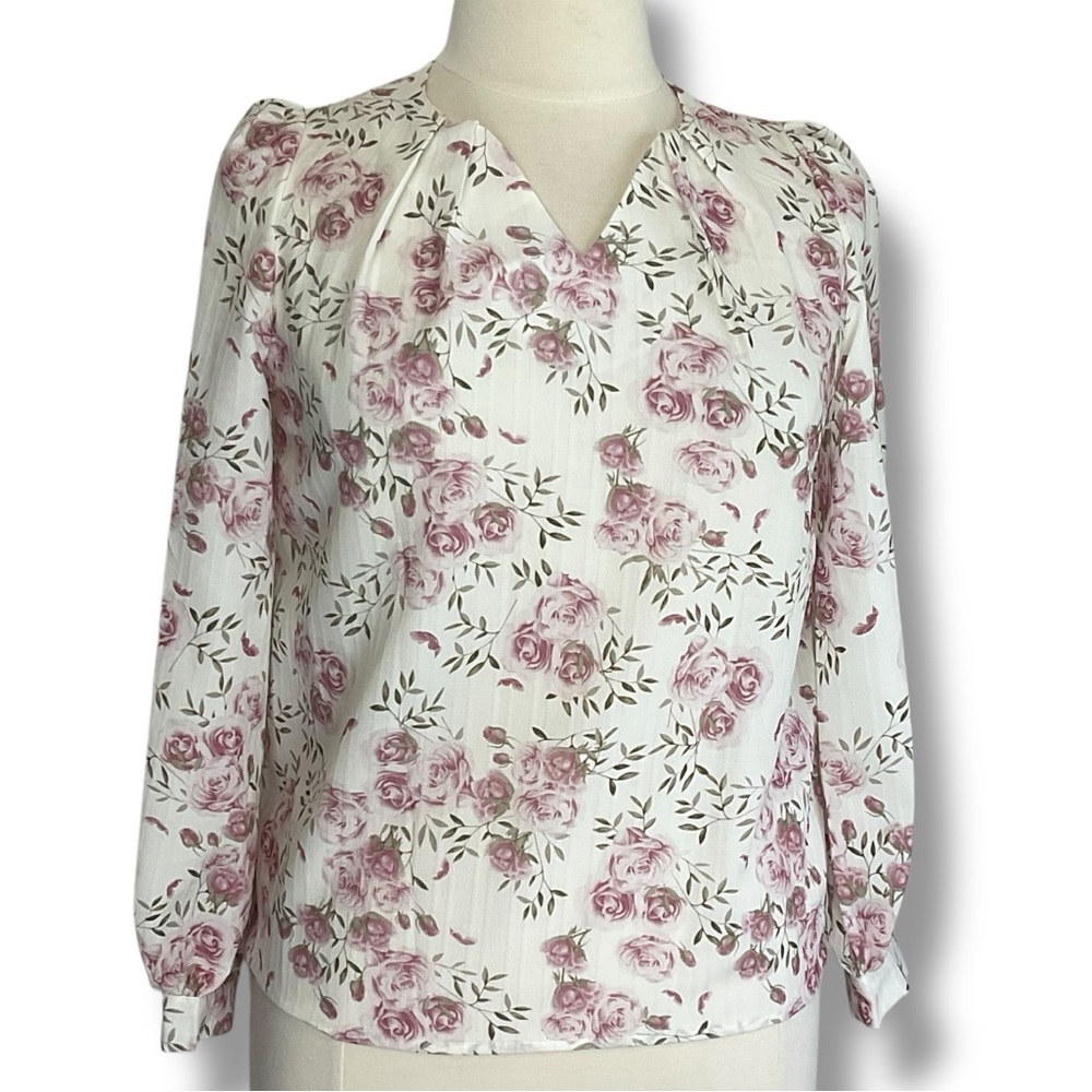 Adrianna Papell‎ Top Floral Print White Pink Roses Longsleeve Blouse Size Large